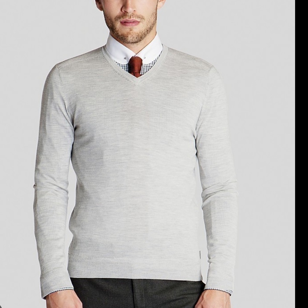 Ted Baker Mens Noel Wool Blend Vneck Sweater Sz 3 M Gray Long Sleeves